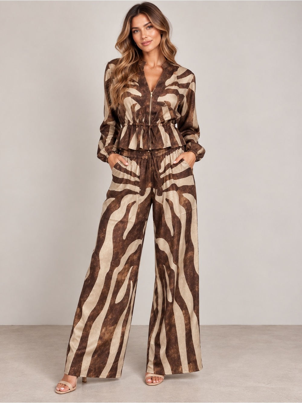 Her Bottari Brown Cream Zebra Print 2 Piece Jacket Pants Set Size M